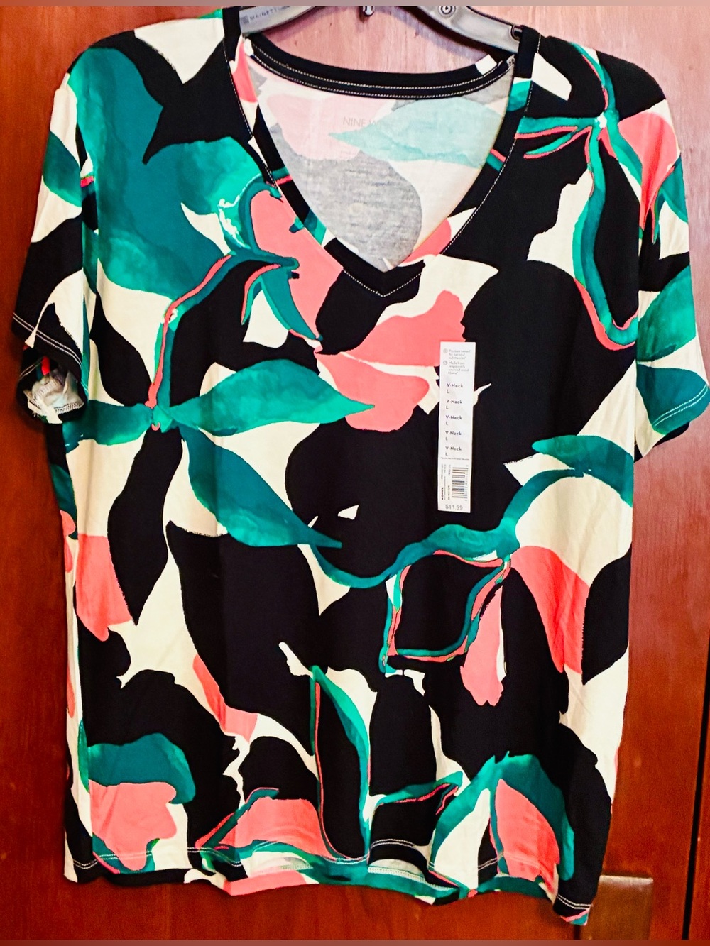 Nine West Black Coral Teal Floral V-Neck Tee